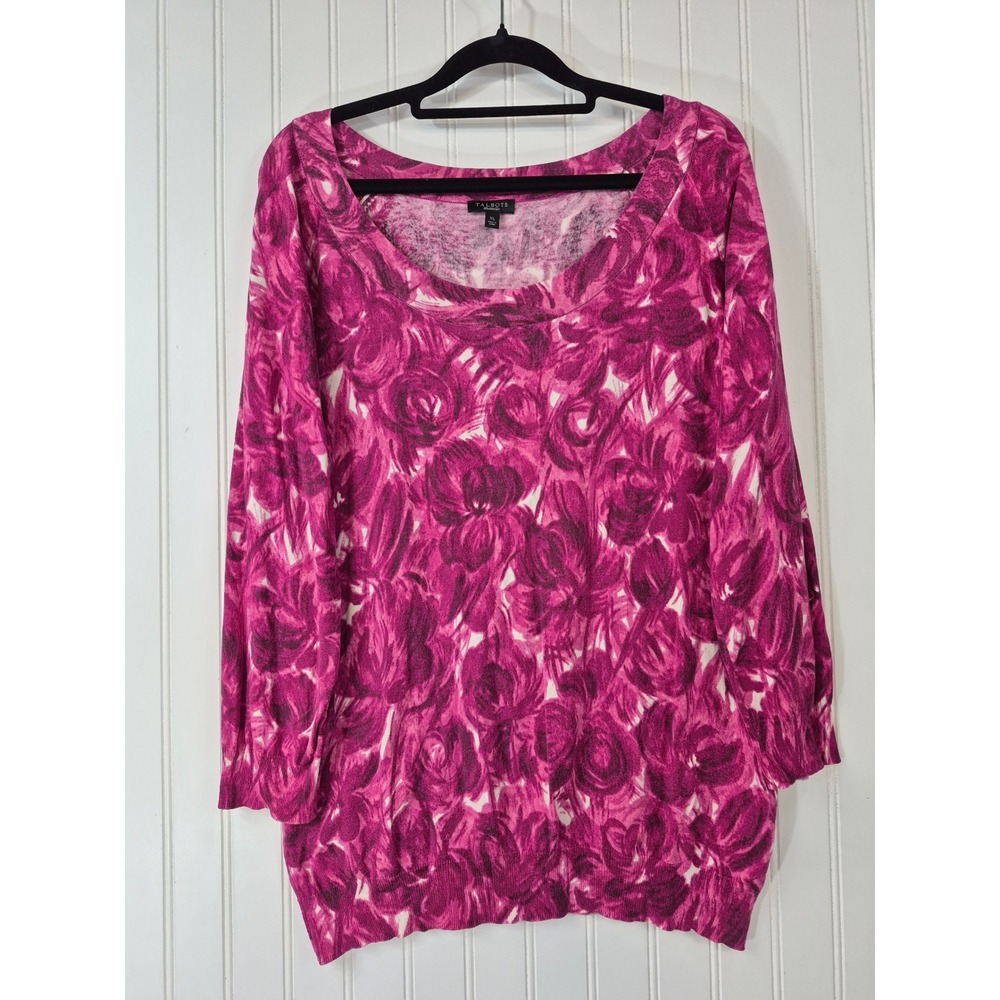 Talbots Silk Cotton Blend Floral Rose Print Sweater Pink Purple XL 3/4 Sleeve